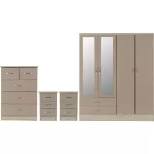Image of Nevada 4 Door 2 Drawer Mirrored Wardrobe Set Oyster Gloss 2 Man Del
