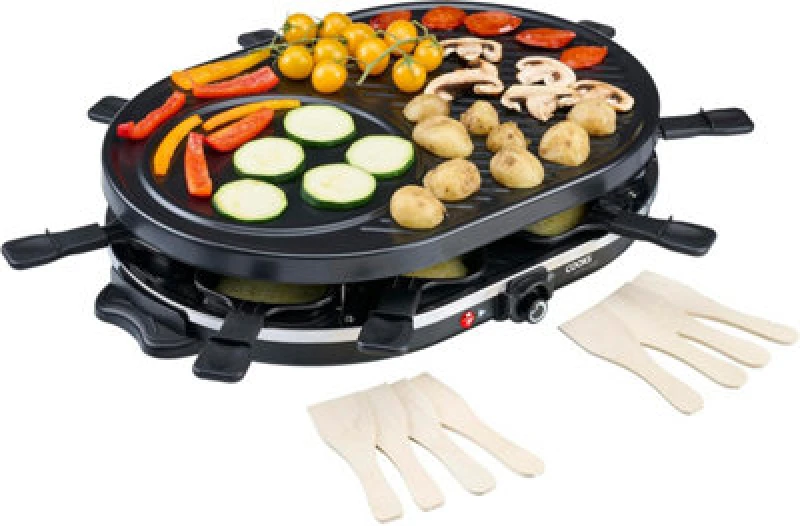 Image of Cooks Professional Electric Raclette Grill 1200W With Non-Stick Metal Plate - Includes 8 Fondue Pans, Spatulas & Thermostat