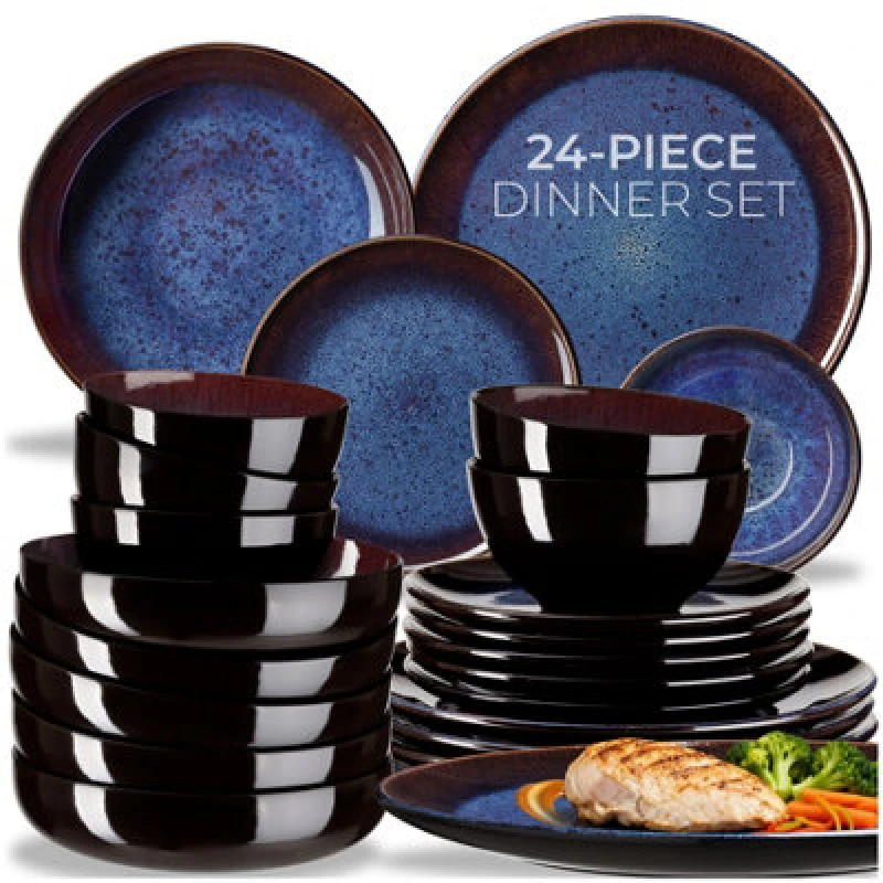 Image of Tectake 24 PC Dinner Set Mare In Glazed Stoneware For 6 People, Microwave- And Dishwasher-Safe - Blue/brown