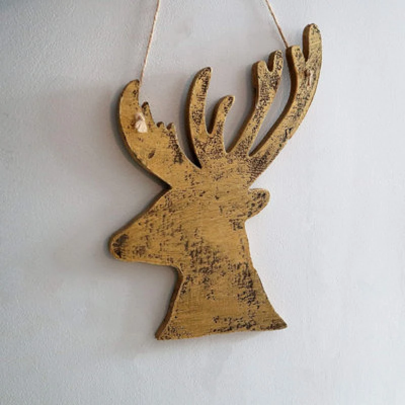 Image of Shatchi 26cm Golden Christmas Wooden Hanging Deer Wall Decoration Xmas Home Office Holiday Decorative Centrepiece Brown