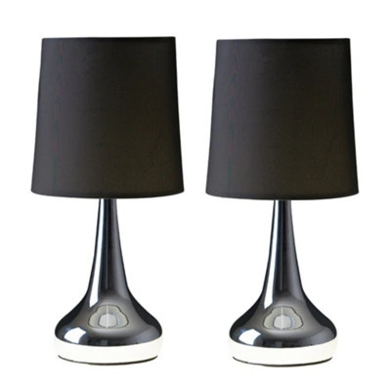 Image of ValueLights ValueLights Teardrop Pair Fabric Shades Brushed Chrome Touch Table Lamps and Bulbs in Black One Size Unisex 5016529085911