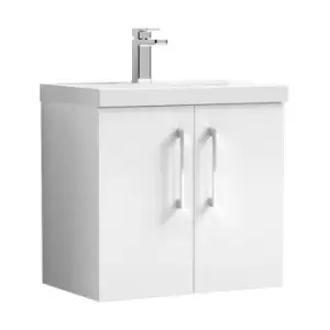 Image of Arno Gloss White 600mm Wall Hung 2 Door Vanity Unit with 40mm Profile Basin - ARN123A - Gloss White - Nuie