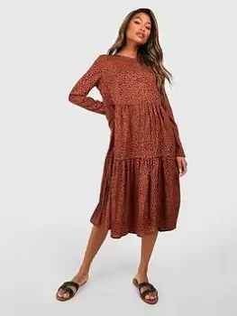 Image of Boohoo Polka Dot Smock Dress - Terracotta, Brown, Size 8, Women
