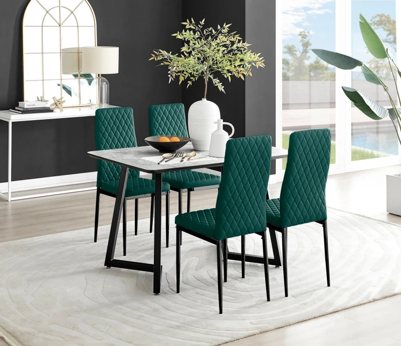 Image of FurnitureboxUK FurnitureboxUK Carson White Marble Effect Dining Table & 4 Velvet Milan Black Leg Chairs in Green Green One Size Unisex 5056657144845