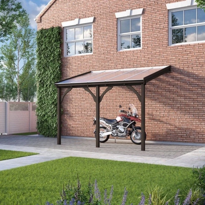 Image of Polycarbonate Roof Car Port 3 Post - Wood - L250 X W506cm - Rustic Brown