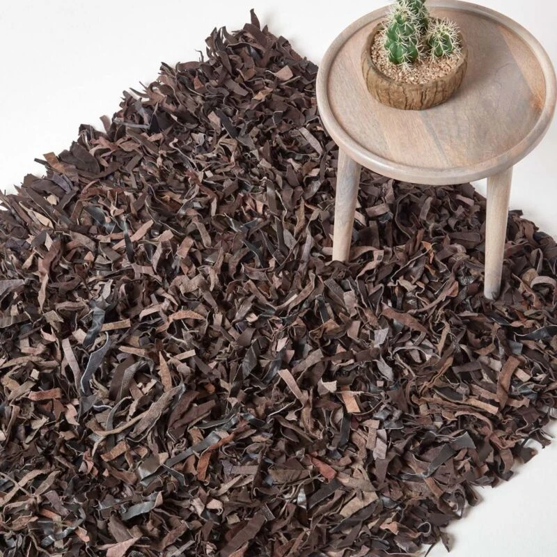 Image of Homescapes Dallas Leather Shaggy Rug Chocolate, 150 X 240 Cm