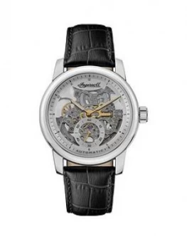 Image of Ingersoll Ingersoll The Baldwin Silver And Gold Detail Skeleton Dial Black Leather Strap Watch