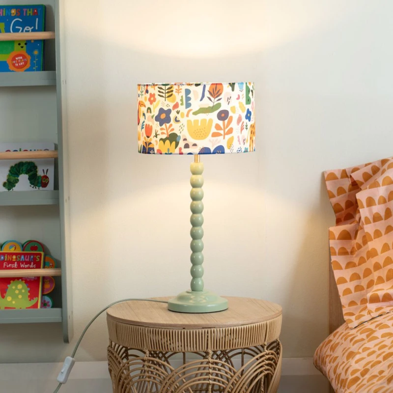 Image of ValueLights Bobbins Sage Green Table Lamp with Fabric Jungle Drum Lamp Shade with LED Bulb Multi