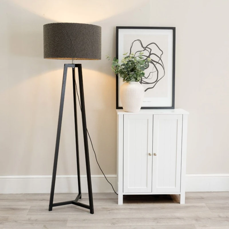 Image of ValueLights Lottie Black Wood Tripod Floor Lamp with Boucle Drum Shade Charcoal