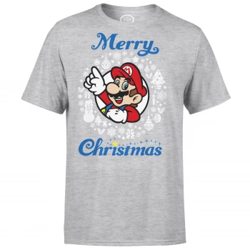 Image of Nintendo Super Mario Mario White Wreath Merry Christmas Grey T-Shirt - M