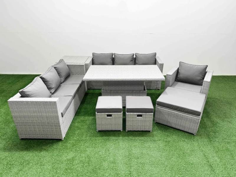 Image of Fimous 7 Pcs Rising Dining Table Set Rattan Furniture Set With 3 Seater Sofa Chair 3 Footstools Side Table Light Grey
