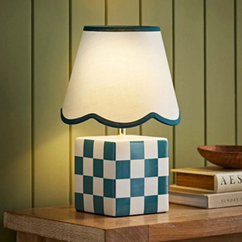 Image of ValueLights Evie Ceramic Cube Sage Green Trim Linen Scallop Lamp Shade Table Lamp & LED Bulb Green