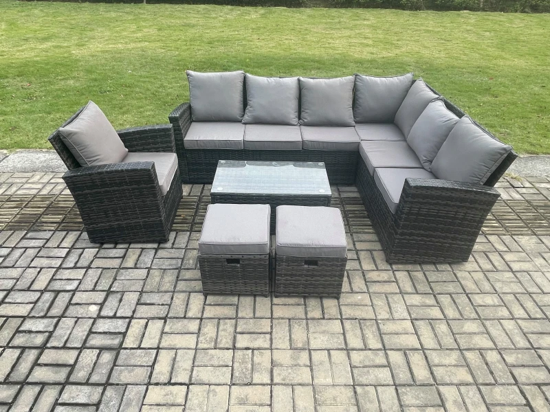 Image of Fimous Wicker PE Outdoor Garden Furniture Set High Back Rattan Corner Sofa Set with Arm Chair Rectangular Coffee Table 2 Small Footstools in Dark Grey