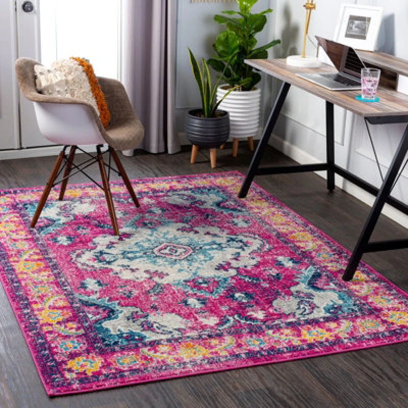 Image of Livabliss Vintage Oriental Boho Bright Pink Adity Area Rug 200 X 275cm - Easy Care, Non Shedding, Ideal For Living Room & Bedroom