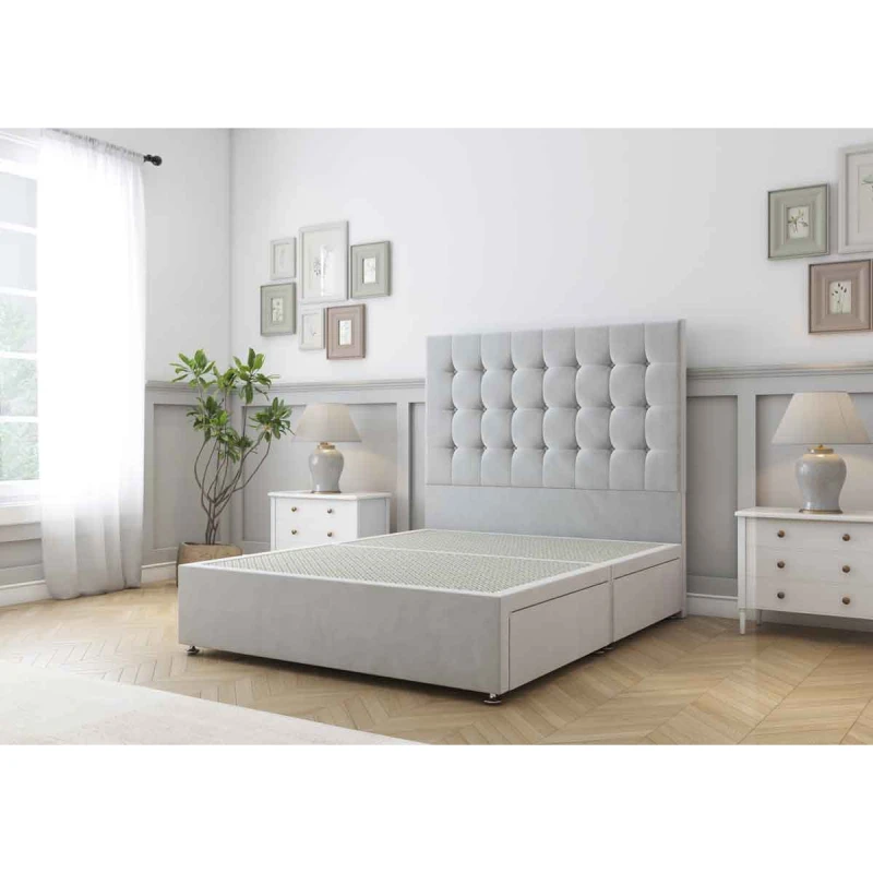 Image of Sloomy Alabama Silver Plush Divan Bed Base No Drawers With 26" Strutted Headboard 4'6 Double