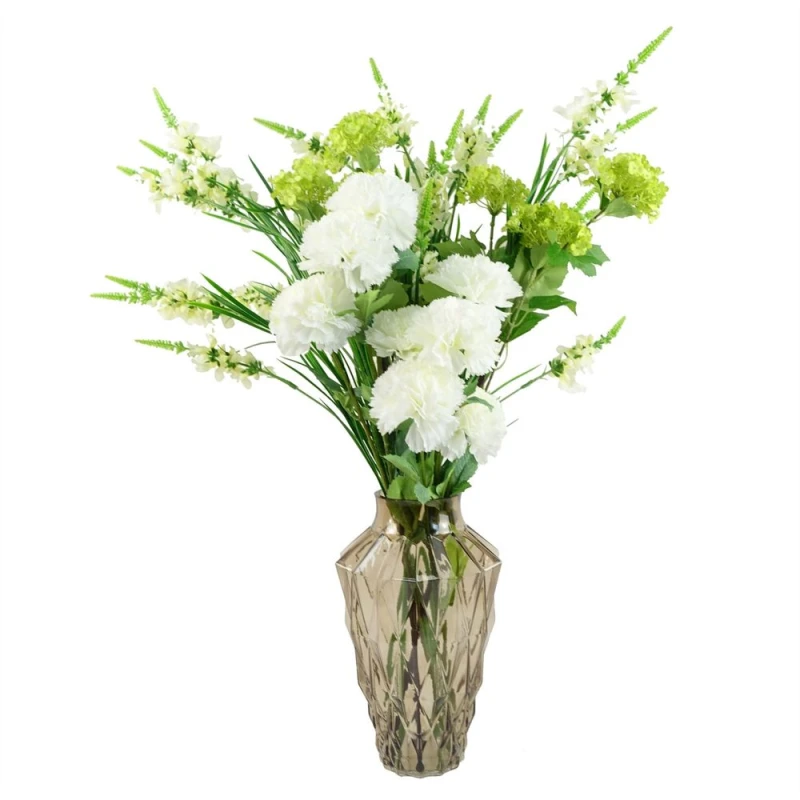 Image of Leaf Leaf 80cm White Artificial Carnation and Larkspur in Glass Vase Green