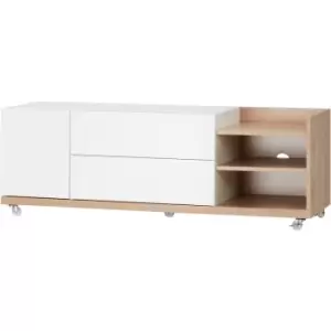 Image of HOMCOM TV Cabinet Stand with Wheels, Drawers and Storage Shelves Living Room - Natural, White
