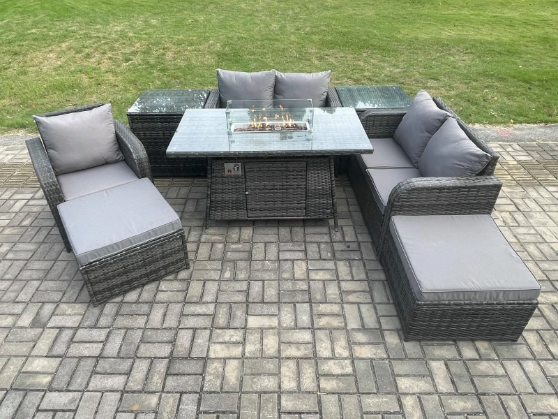 Image of Fimous Outdoor Sofa Rattan Garden Furniture Set Patio Gas Fire Pit Dining Table and Reclining Chair set with 2 Side Tables 2 Big Footstool Dark Grey
