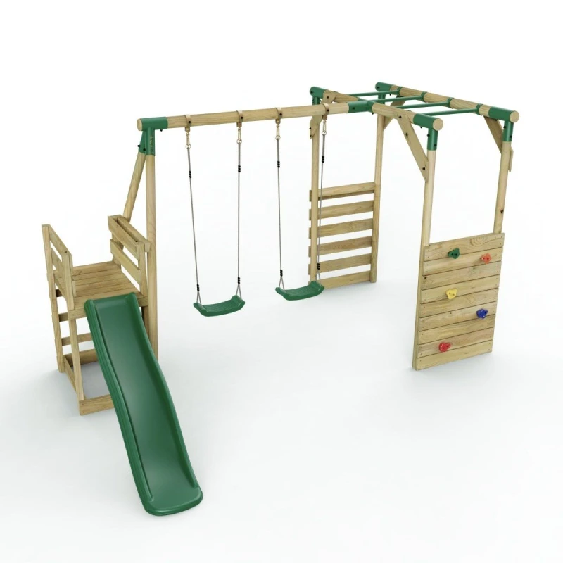 Image of Rebo Wooden Double Swing Set with Monkey Bars and Slide - Venus Green Green