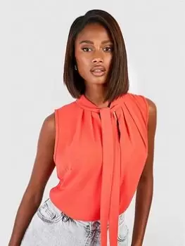 Image of Boohoo Tie Neck Woven Blouse - Red Orange, Size 10, Women