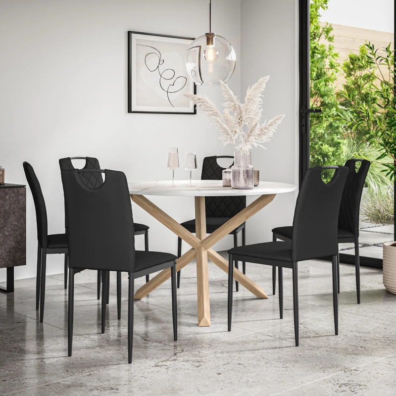 Image of More4Homes Malvern Round Dining Table And Chairs - Marble Table Top W Solid Oak Legs + Monza Faux Leather Dining Chair Set Of 6 (Black)
