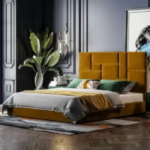 Image of Conmo Upholstered Beds - Plush Velvet, Small Double Size Frame, Mustard - Mustard