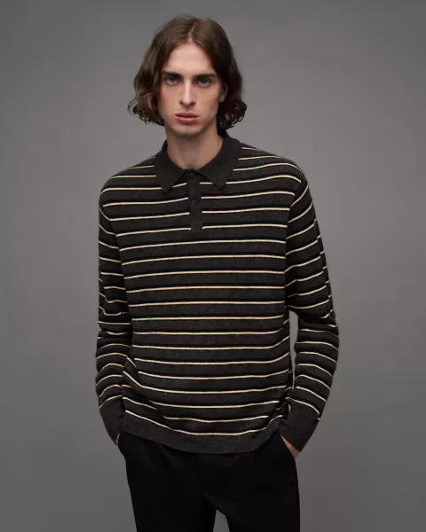 Image of AllSaints Stafford Striped Long Sleeve Polo Jumper