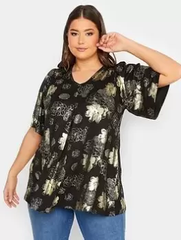 Image of Yours Luxury Foil Pleat Front Top, Black, Size 16, Women