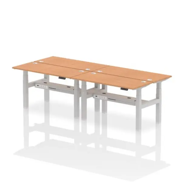 Image of Air Air Back-to-Back 1400 x 600mm Height Adjustable 4 Person Bench Desk Oak Top with Cable Ports Silver Frame HASCP4P14600OAKS