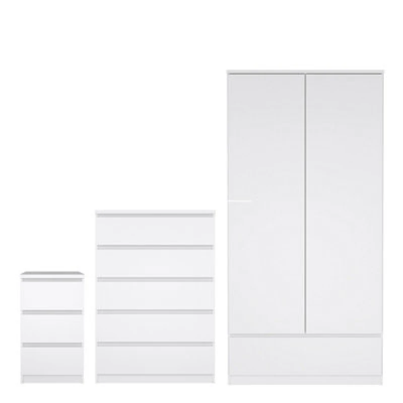 Image of Furniture To Go Naia 3 Piece Bundle, Bedside, Chest And 2 Door 1 Drawer Wardrobe In White High Gloss