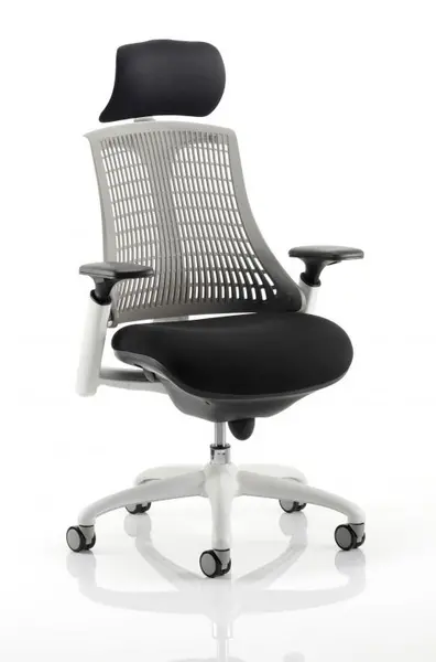 Image of Flex Task Operator Chair White Frame Black Fabric Seat With Grey Back With Arms With Headrest