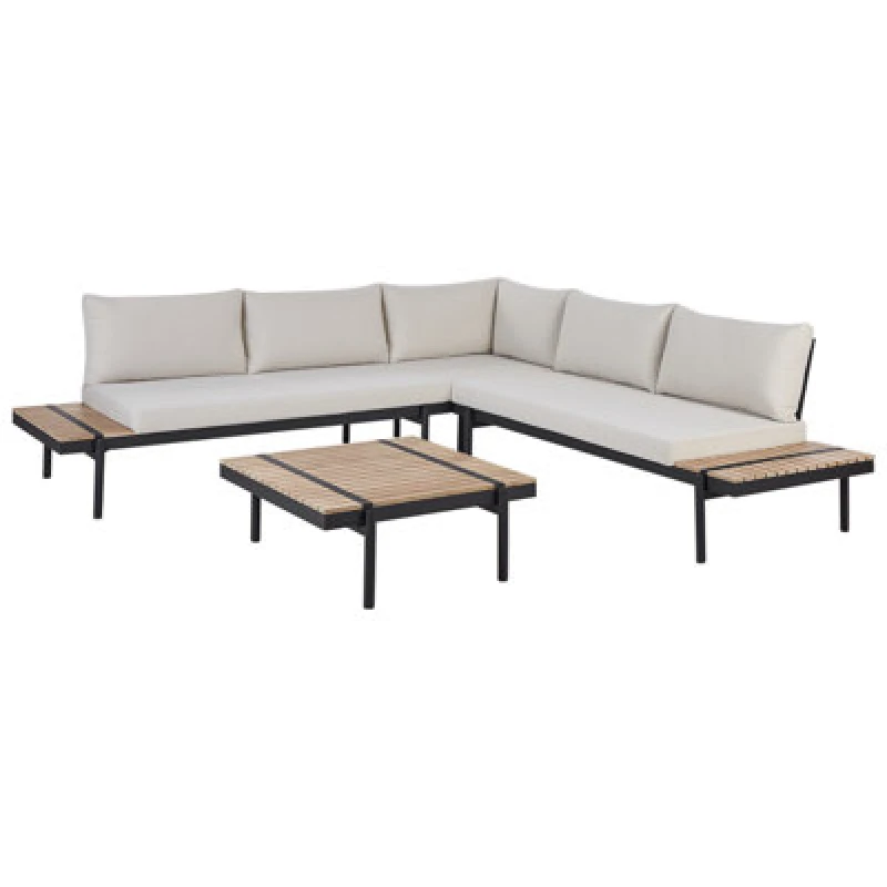 Image of Beliani Garden Corner Sofa With Table 5 Seater Bellariva Eucalyptus Wood Off-White