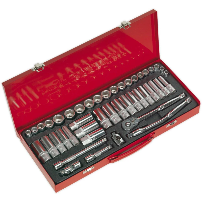 Image of Loops 45 PACK Socket Set - 3/8" Met & Imp Square Drive - 6 Point Socket Ratchet Handle Multi