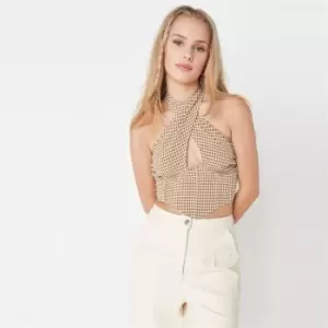 Image of Missguided Cross Front Halterneck Crop Gingham - Brown