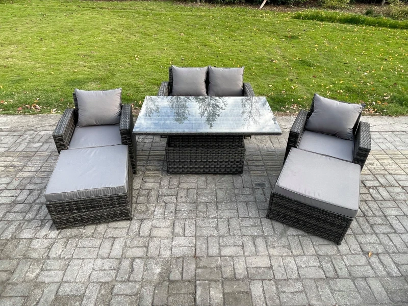 Image of Fimous Wicker Rattan Garden Furniture Rising Table Set with 2 Big Footstool Double Seat Sofa Armchairs Dark Grey Mixed Dark Grey Unisex