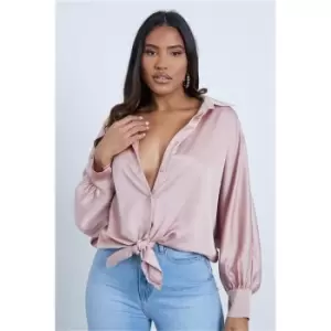Image of I Saw It First Tie Front Satin Shirt - Brown