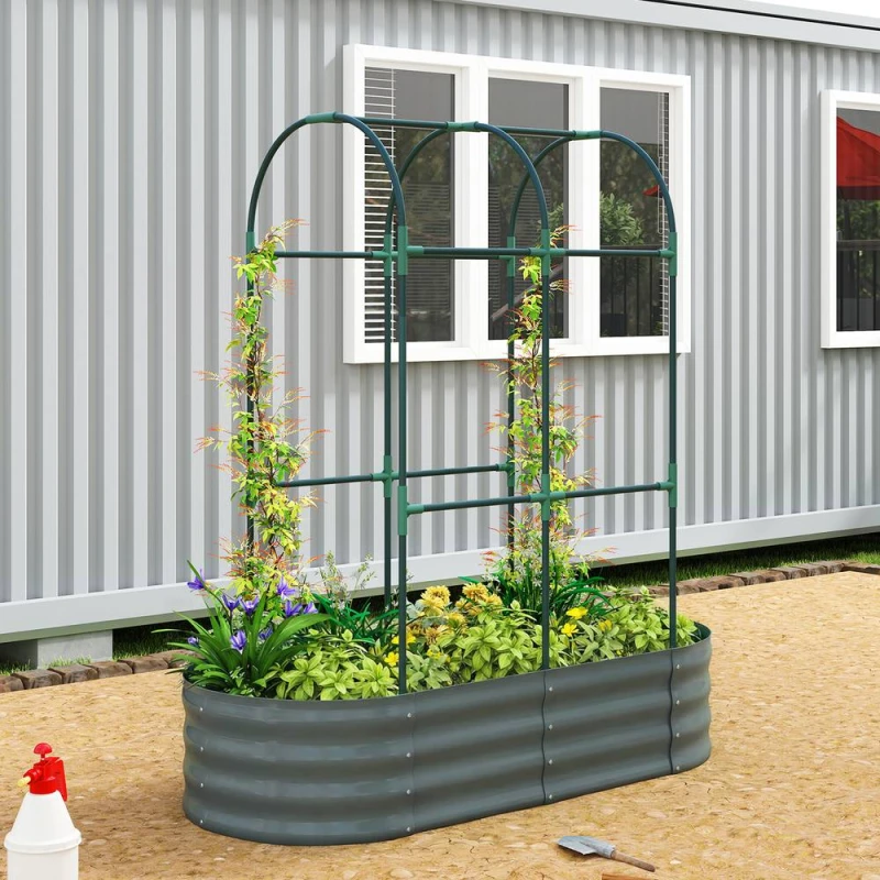 Image of Outsunny 4 x 2 x 4.6ft Galvanised Raised Garden Bed with Trellis, Dark Grey 84H-566V00CG