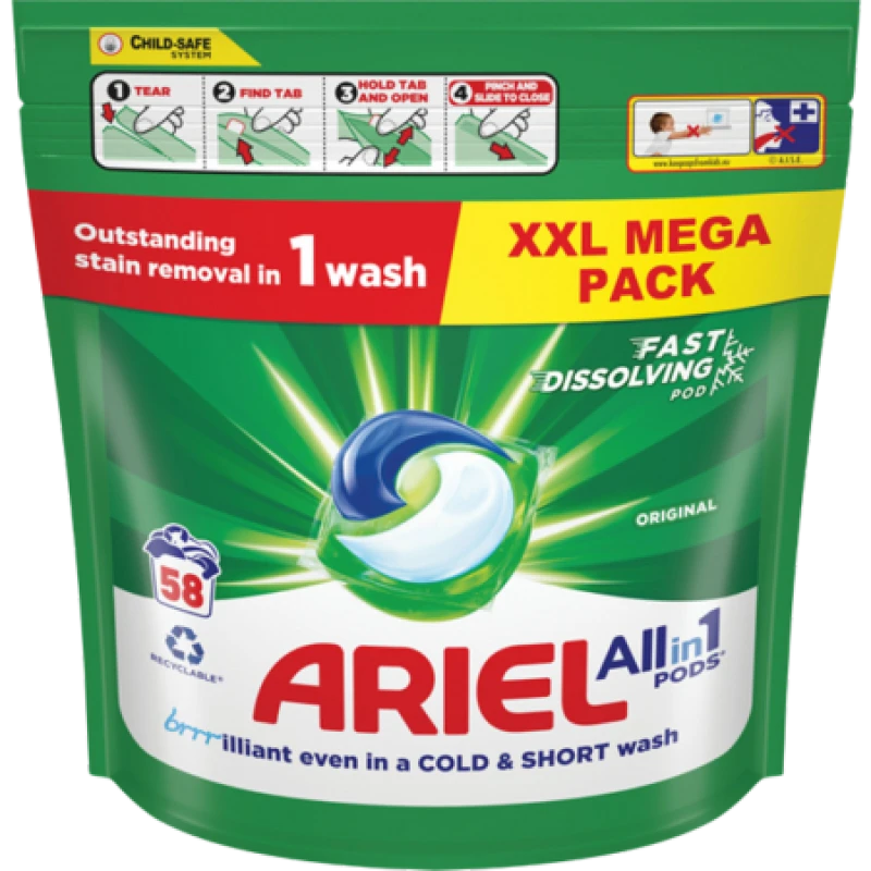 Image of Ariel Original All-in-One Washing Tabs - 58 pcs