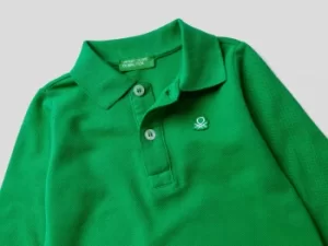 Image of Benetton, Long Sleeve Polo In Organic Cotton, taglia 98, Green, Kids