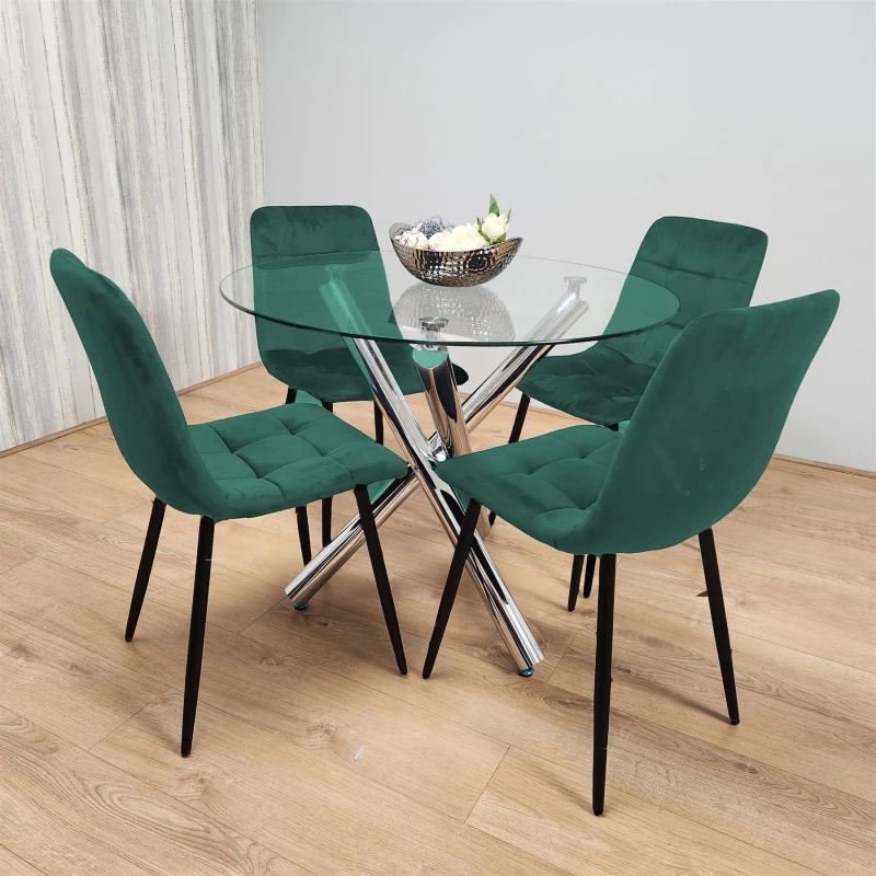 Image of KOSY KOALA Dining Table & 4 Chairs Round Glass Table With 4 Green Velvet Chairs Dining Room Furniture Set in Clear Clear Unisex