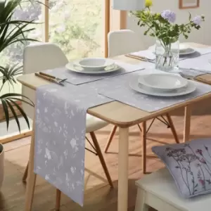 Image of Catherine Lansfield Meadowsweet Floral 100% Cotton Table Runner, White/Grey, 33 x 220 Cm