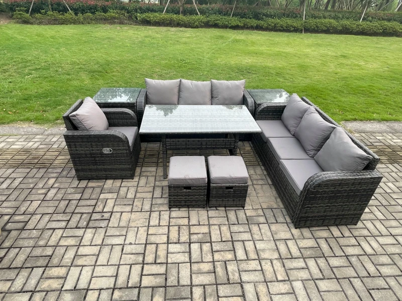 Image of Fimous Outdoor Rattan Garden Furniture Set Oblong Dining Table & Chairs Set with 3 Seater Sofa Small Footstools Side Tables Dark Grey Mixed Dark Grey