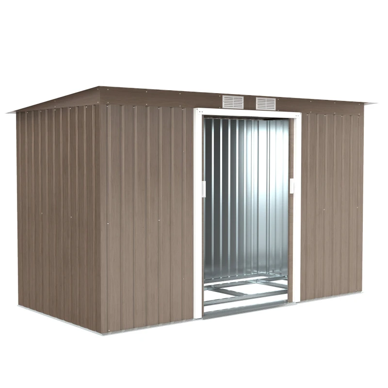 Image of Outsunny 9 x 4FT Metal Garden Storage Shed w/ 2 Door - Light Grey Wood Grain TJ Hughes 5061025112548