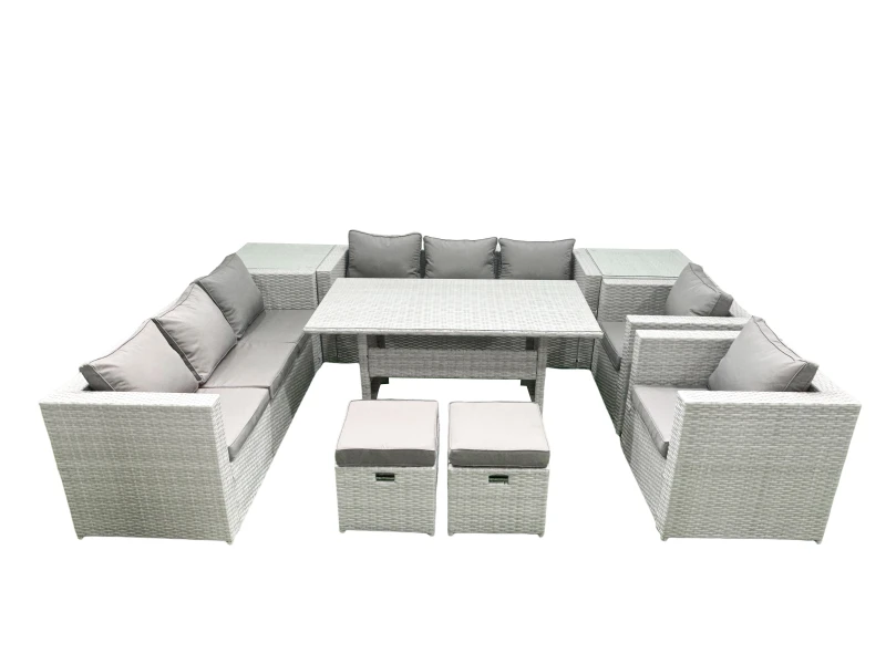 Image of Fimous Rattan Garden Furniture Set Outdoor 8 Seater Patio Dinin g Sofa Sets with Dining Table 2 Chairs 2 Side Tables 2 Small Footstools Light Grey Mix