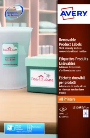 Image of Avery Removable 62 x 89mm Product Labels Rectangular White (Pack 180 L