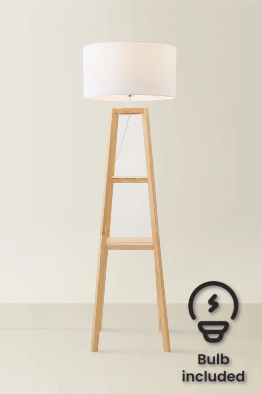 Image of ValueLights Wakefield Quad Base Two Shelf Wooden Floor Lamp with Fabric Shade and LED Bulb White