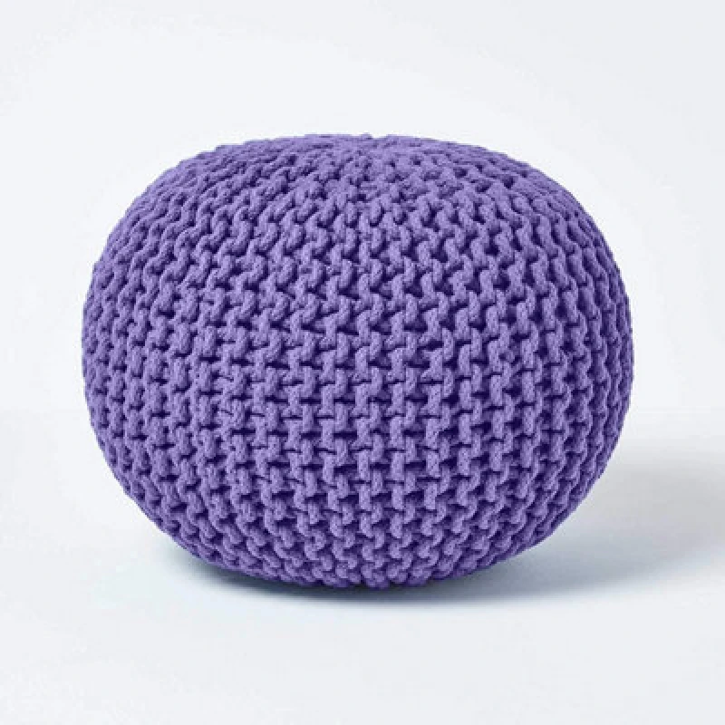 Image of Homescapes Round Cotton Knitted Pouffe Footstool Purple