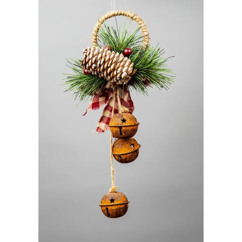 Image of Shatchi Christmas hanging decoration 27cm Rustic Red rusty bells Brown