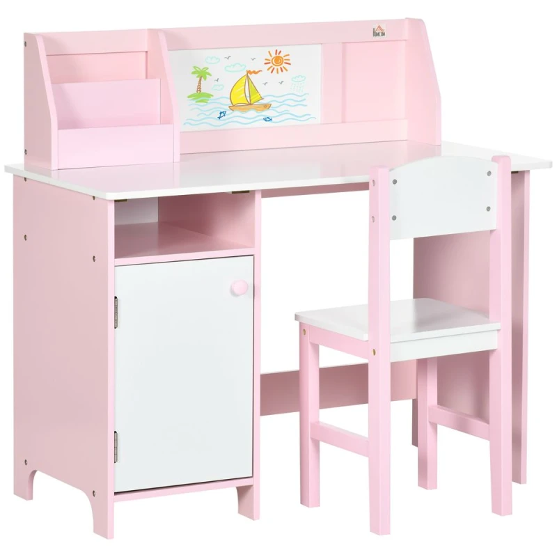 Image of HOMCOM 2 Pcs Childrens Table And Chair Set With Whiteboard Storage - Pink 312-089V00PK