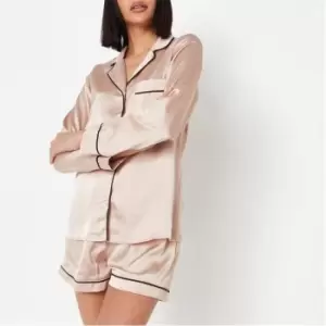 Image of Missguided Satin Long Sleeve Shirt and Shorts Pyjama Set - Pink